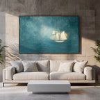 Abstract Blue Sea Coastal Sailboat Painting - PoeticWovens