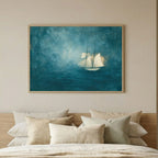 Abstract Blue Sea Coastal Sailboat Painting - PoeticWovens