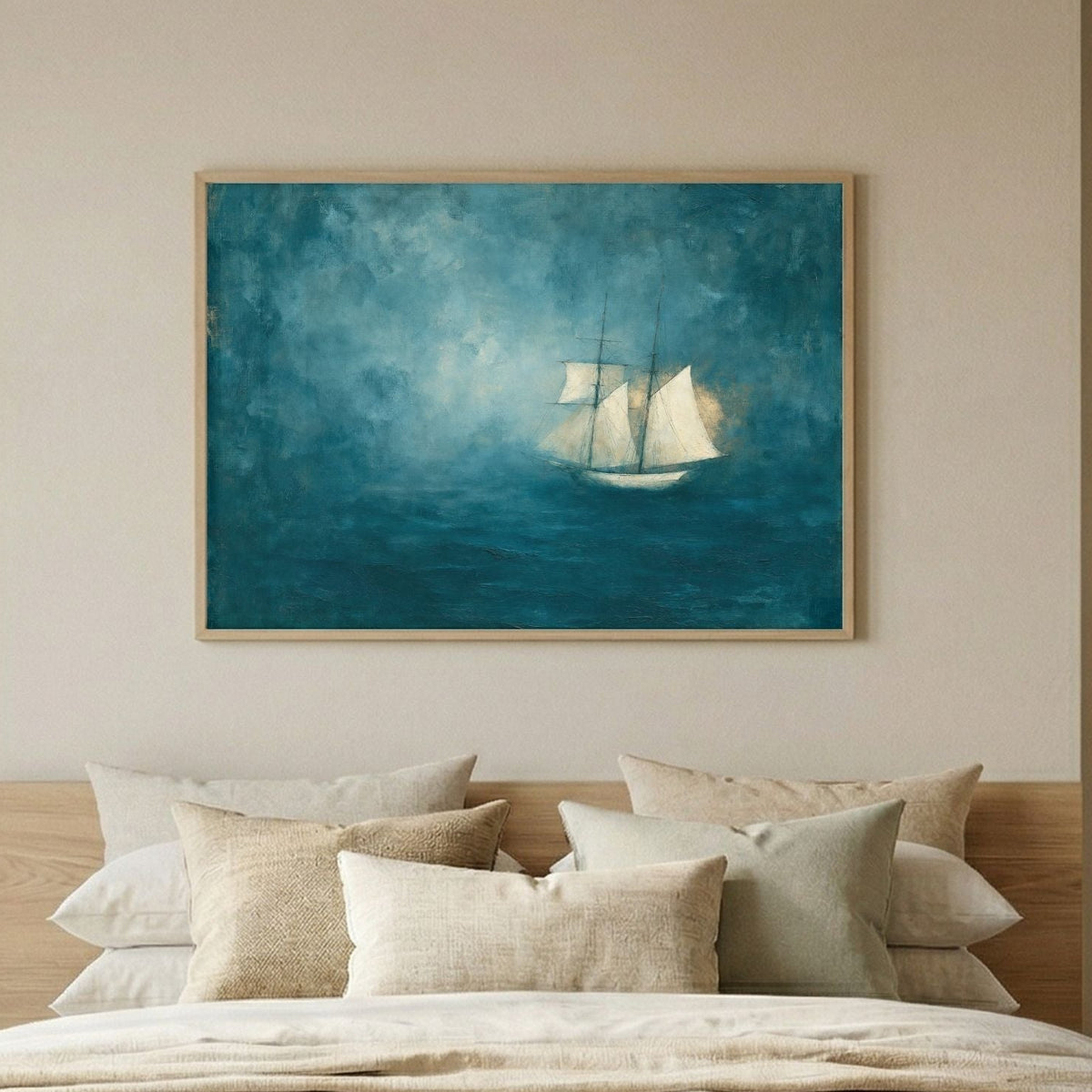 Abstract Blue Sea Coastal Sailboat Painting - PoeticWovens