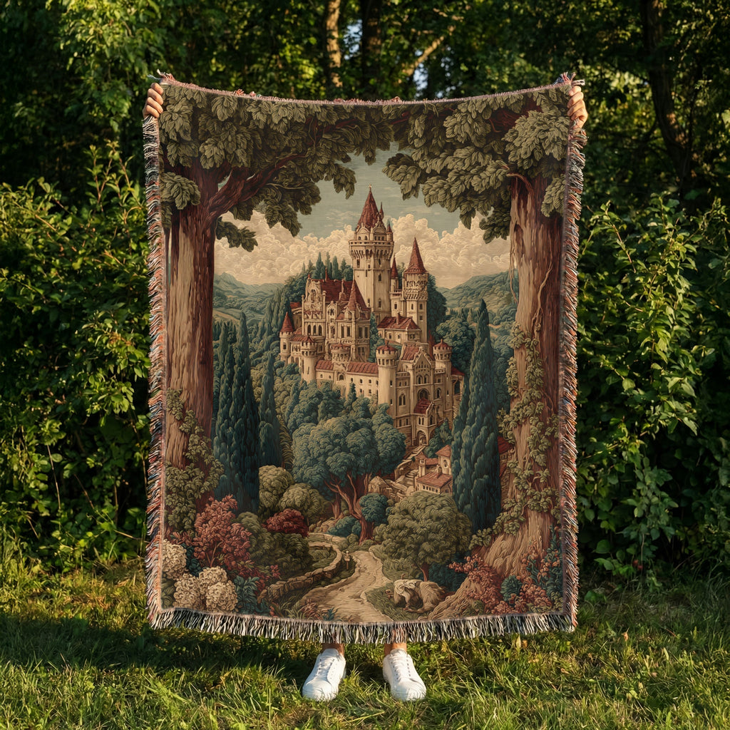 Vintage Floral and Trees Castle View Woven Blanket - PoeticWovens