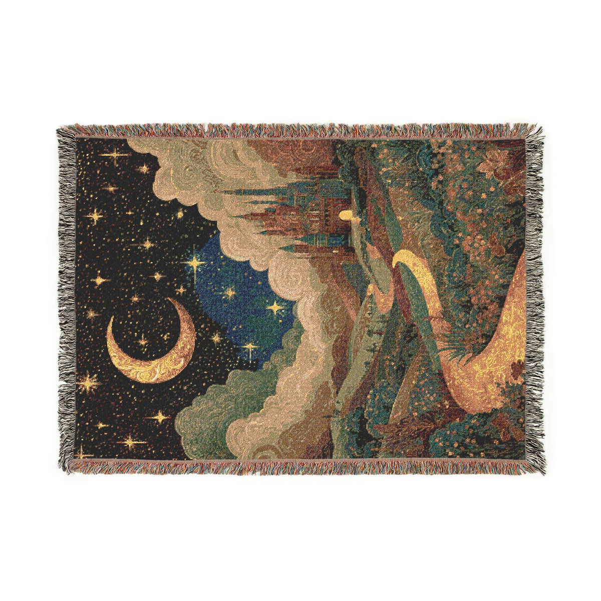 Crescent Colorful Animated Castles Nightscape Woven Blanket - PoeticWovens