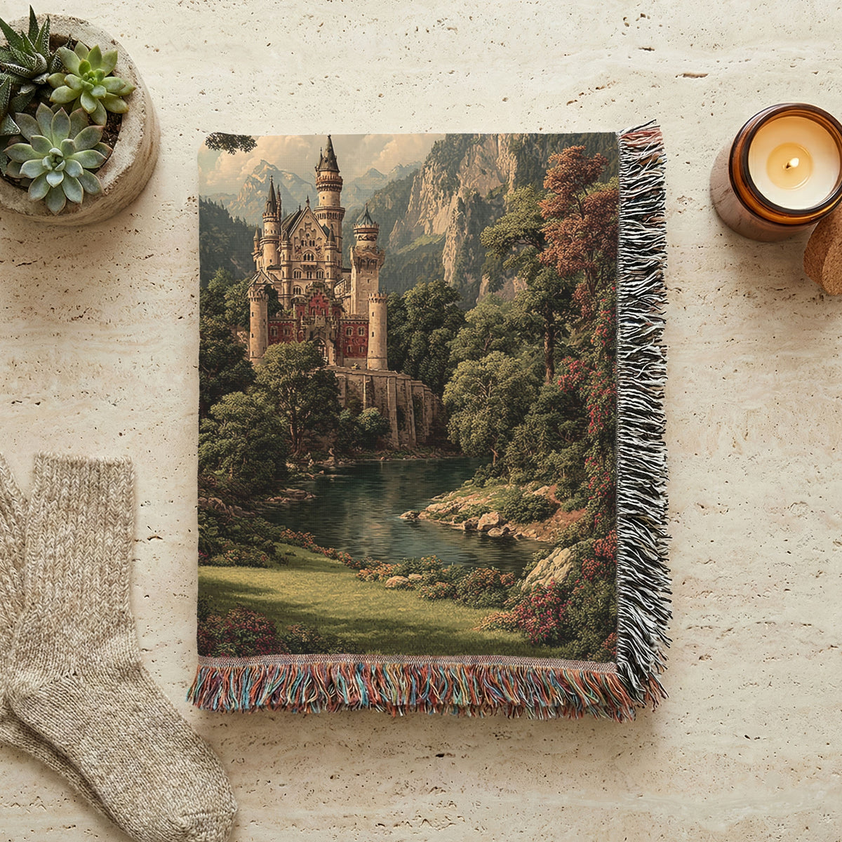 Medieval Castle Landscape Woven Blanket - PoeticWovens