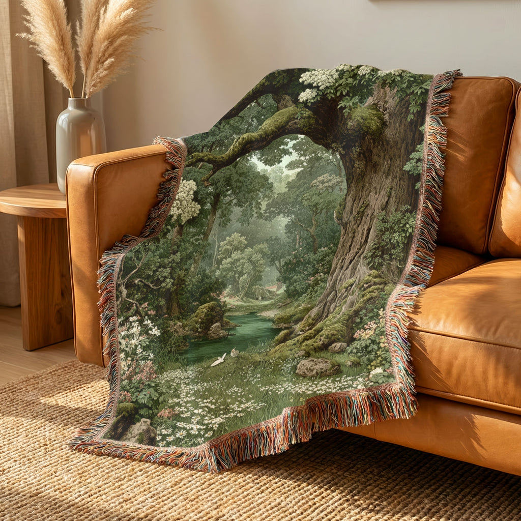 Floral Green Woodlands Woven Blanket - PoeticWovens