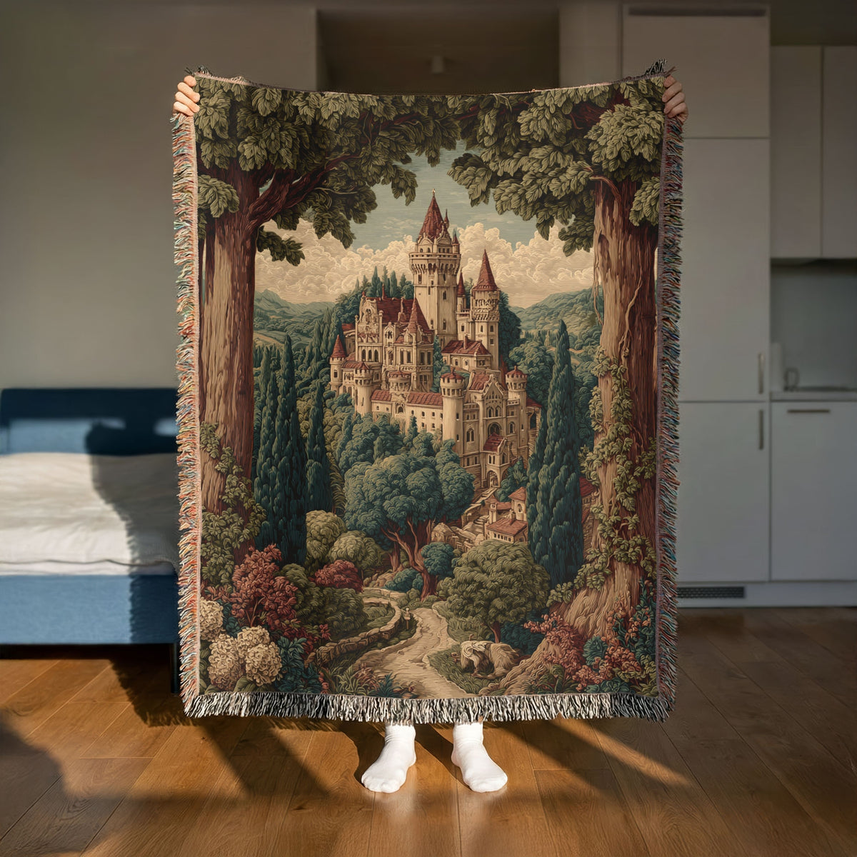 Vintage Floral and Trees Castle View Woven Blanket - PoeticWovens