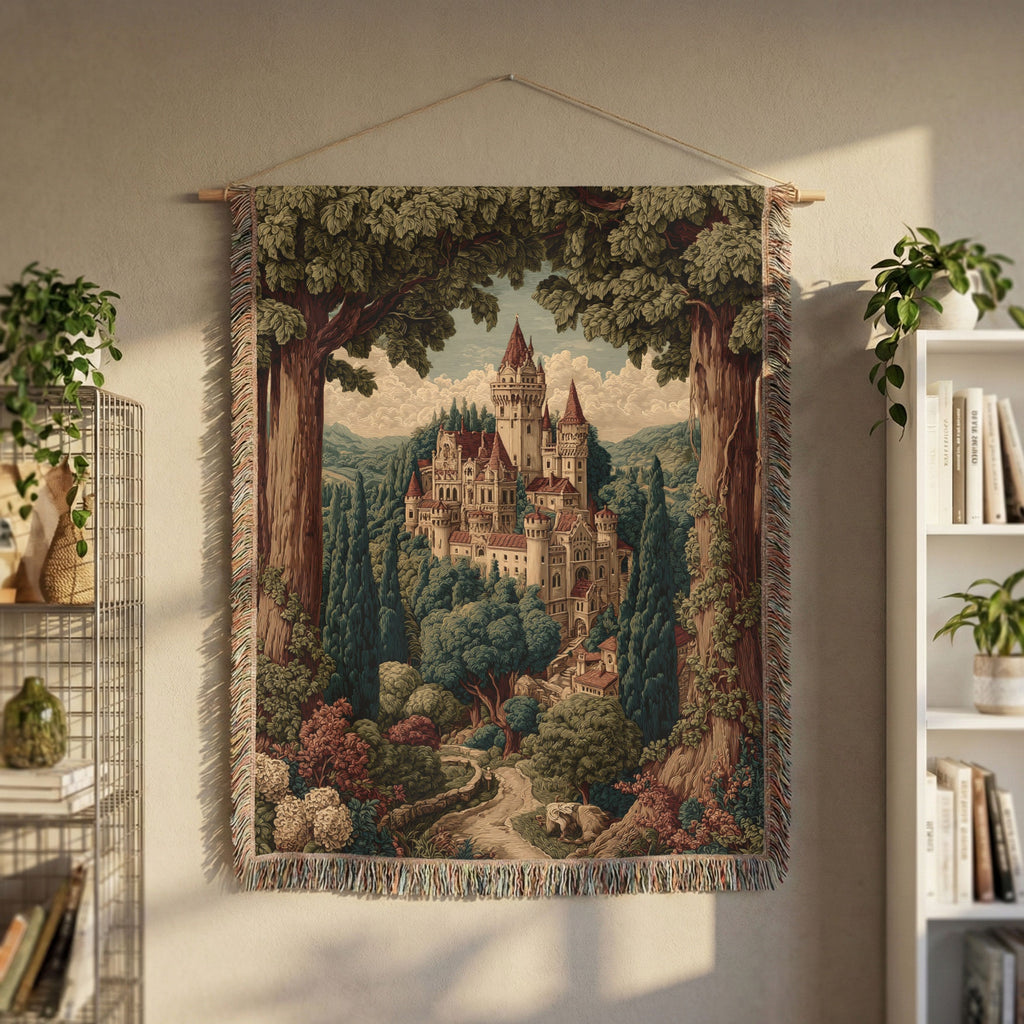 Vintage Floral and Trees Castle View Woven Blanket - PoeticWovens