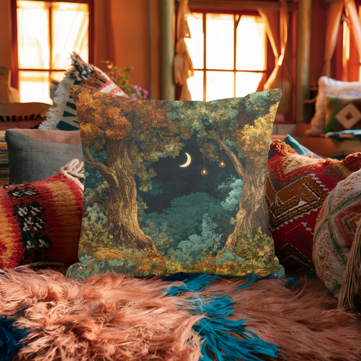 Crescent Moon Forest Pillow - PoeticWovens