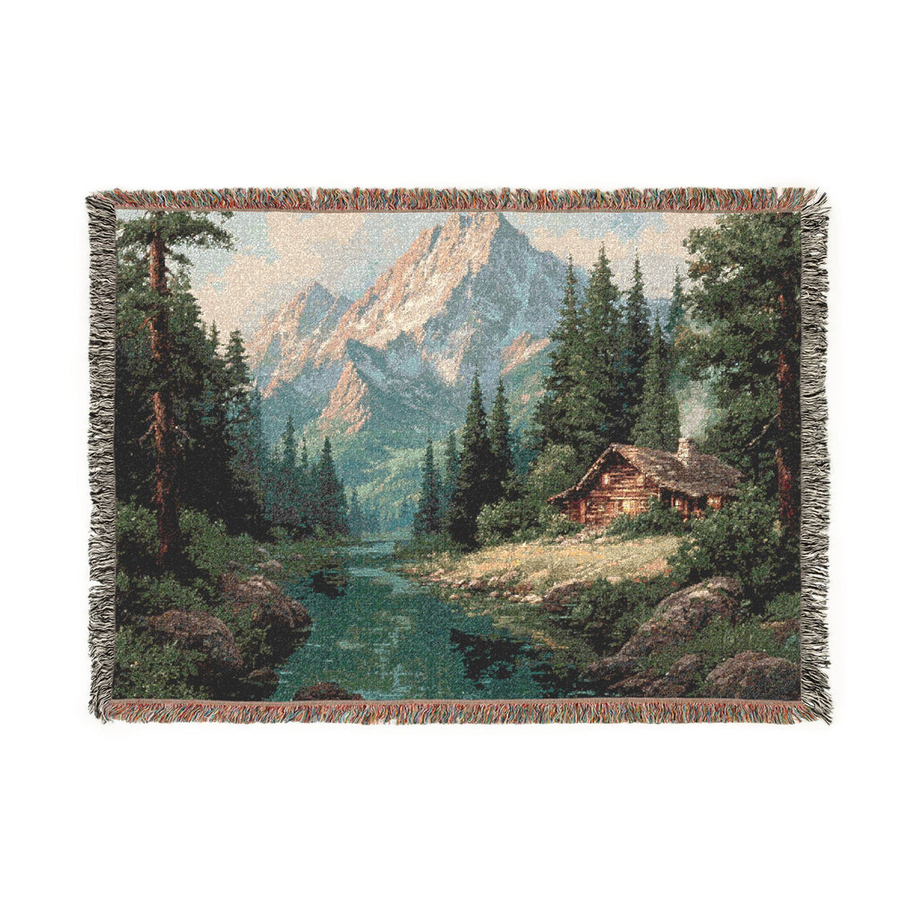 Mountain Cabin Landscape Lake House Woven Blanket - PoeticWovens
