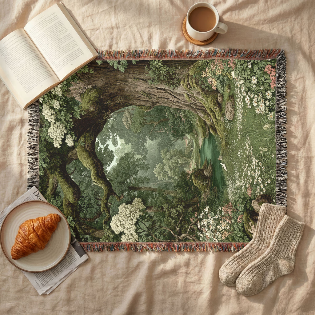 Floral Green Woodlands Woven Blanket - PoeticWovens