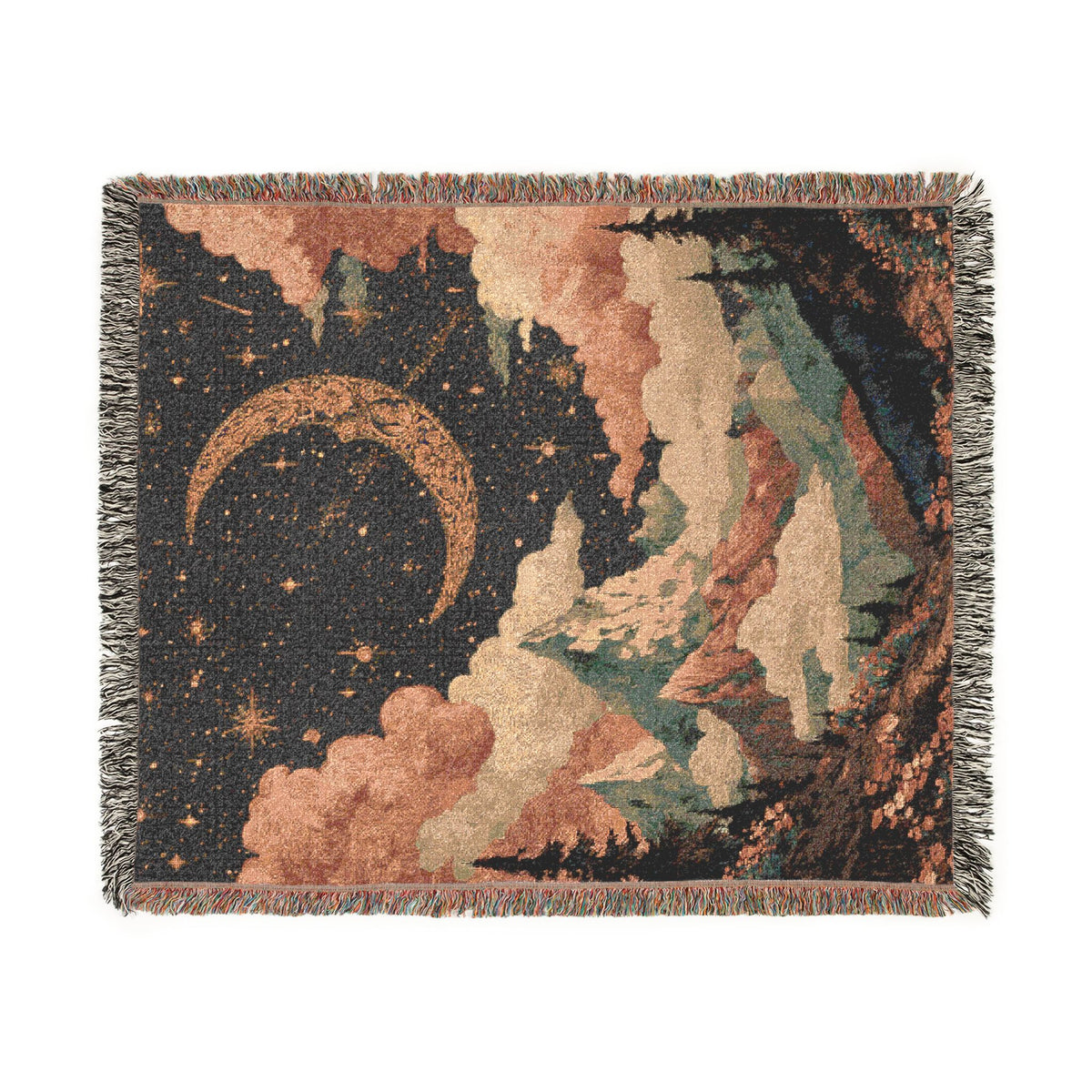 Celestial Pink and Blue Crescent Moon Woven Blanket - PoeticWovens