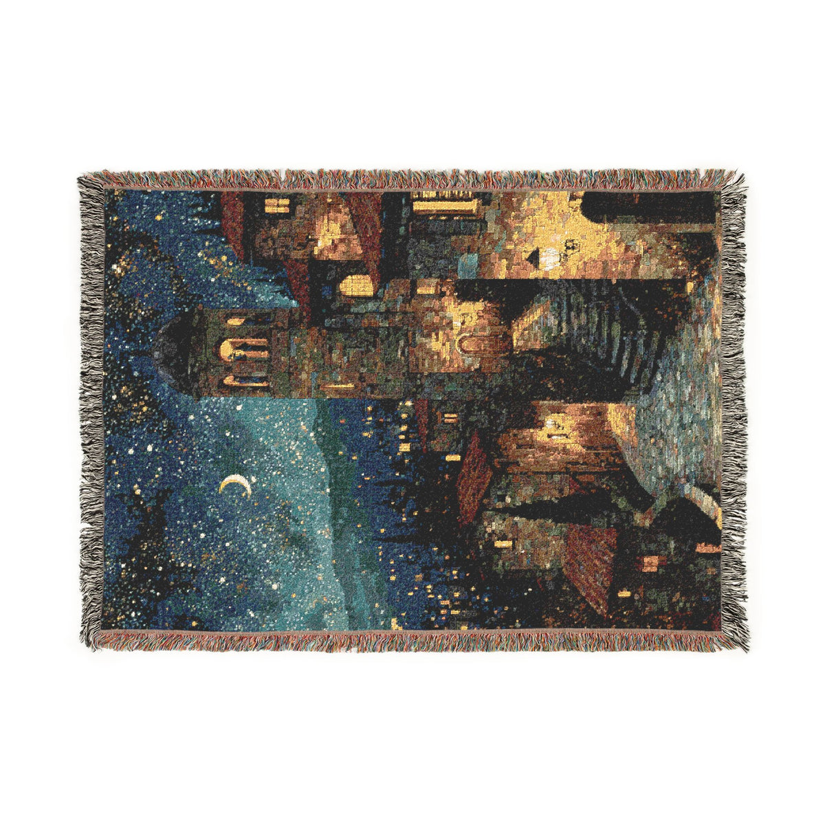 Starry Blue Night Sky Village Woven Blanket - PoeticWovens