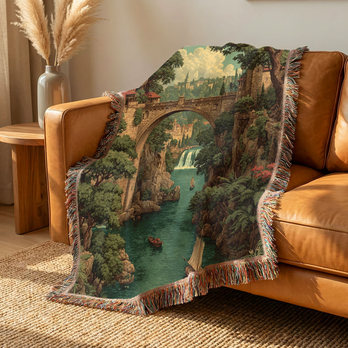 Vintage River View Landscape Woven Blanket - PoeticWovens