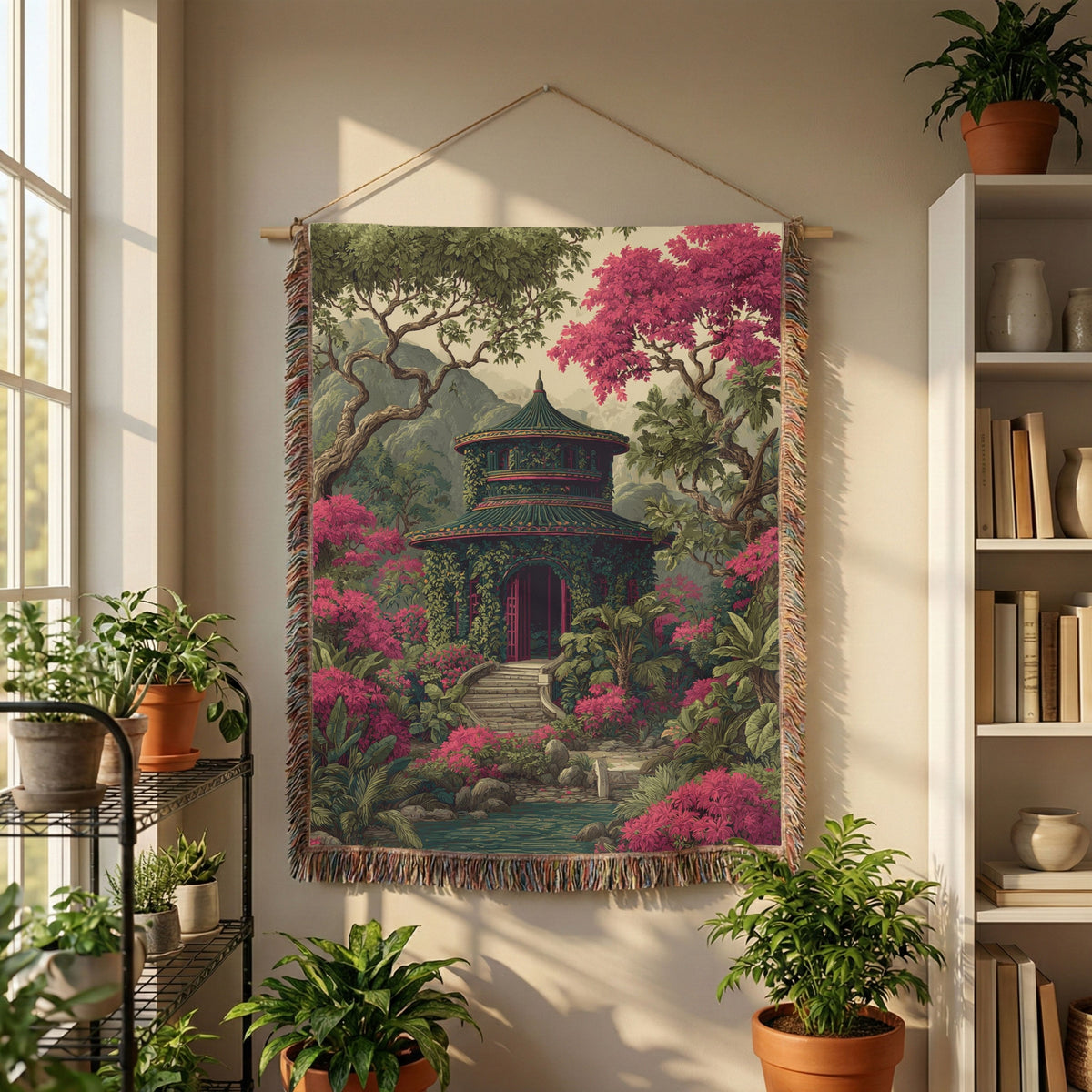 Japanese Garden Pagoda Colorful Woven Blanket - PoeticWovens