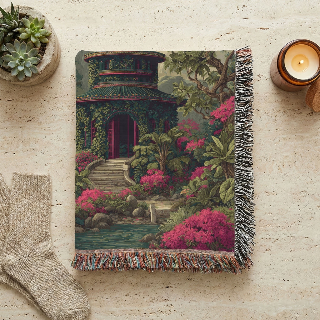 Japanese Garden Pagoda Colorful Woven Blanket - PoeticWovens