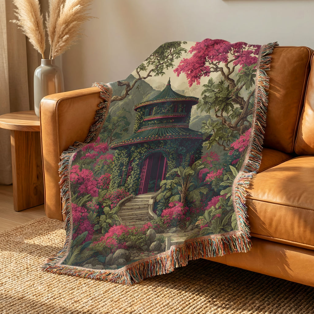 Japanese Garden Pagoda Colorful Woven Blanket - PoeticWovens