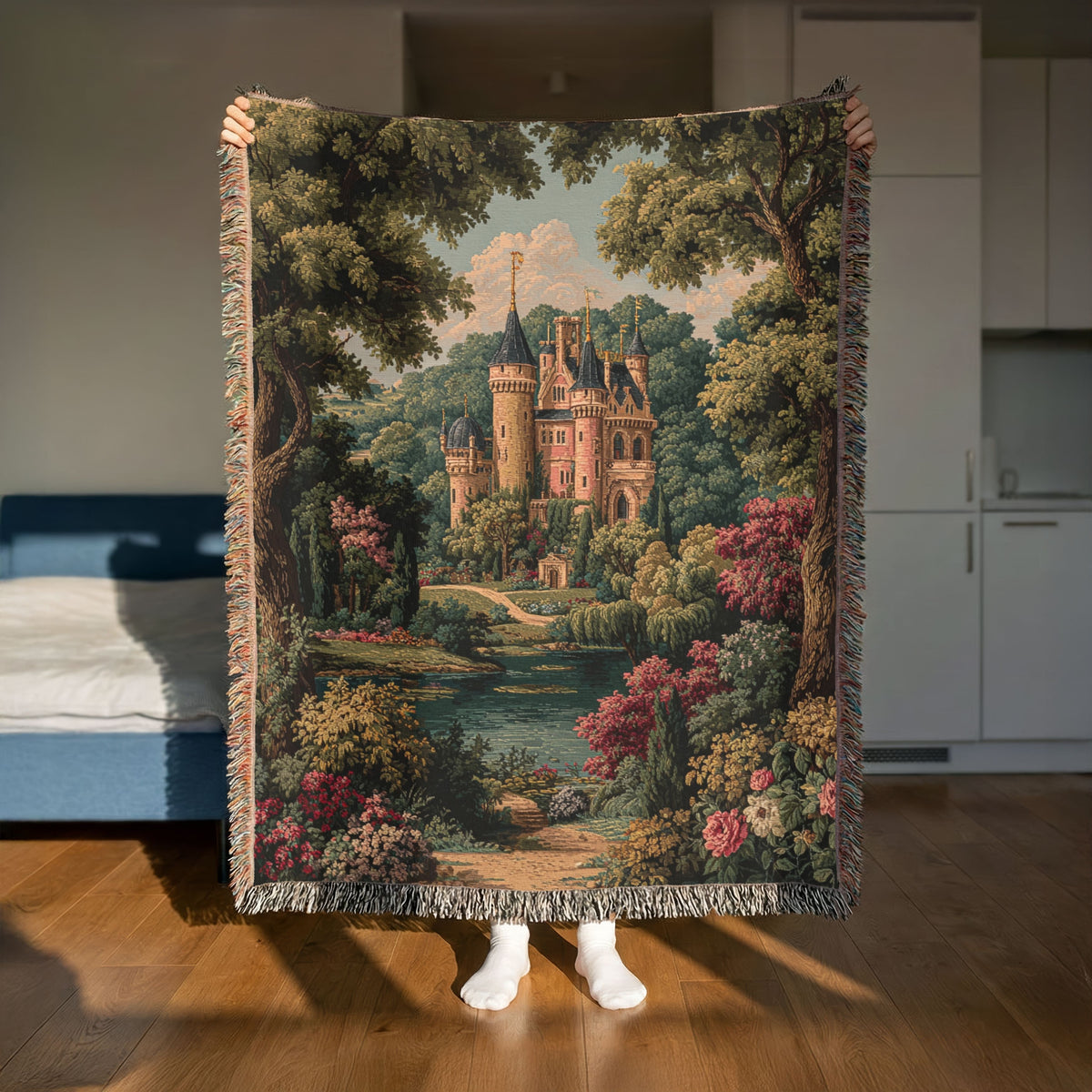 Colorful Vintage Castle and Trees Woven Blanket - PoeticWovens