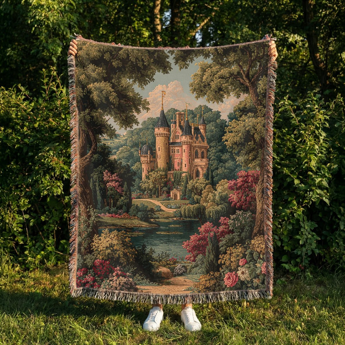 Colorful Vintage Castle and Trees Woven Blanket - PoeticWovens