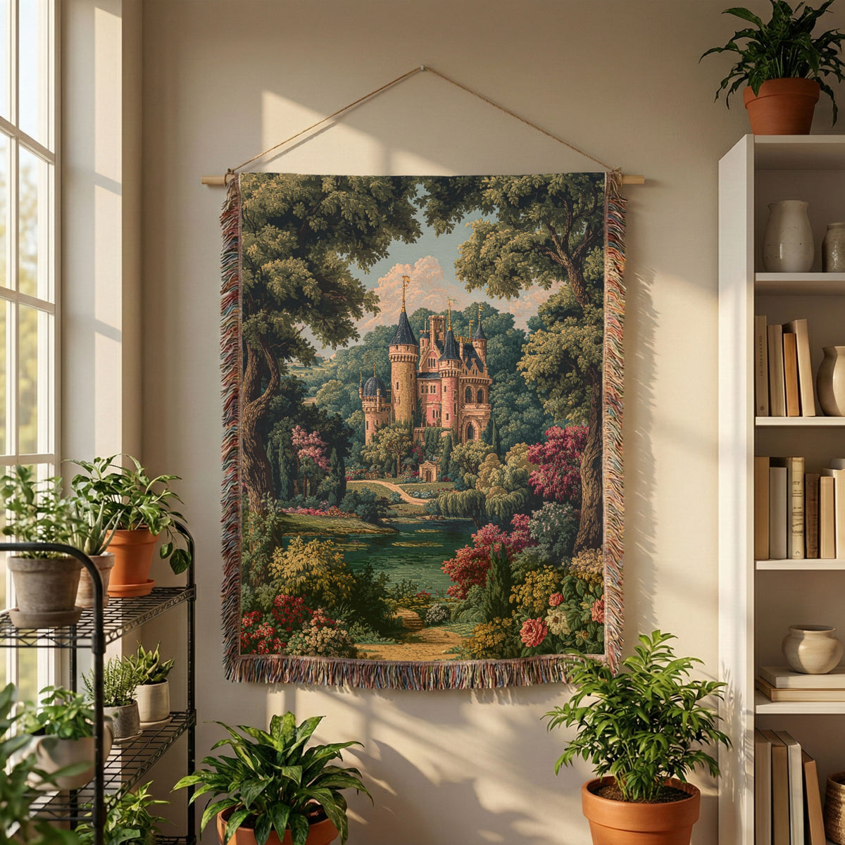 Colorful Vintage Castle and Trees Woven Blanket - PoeticWovens