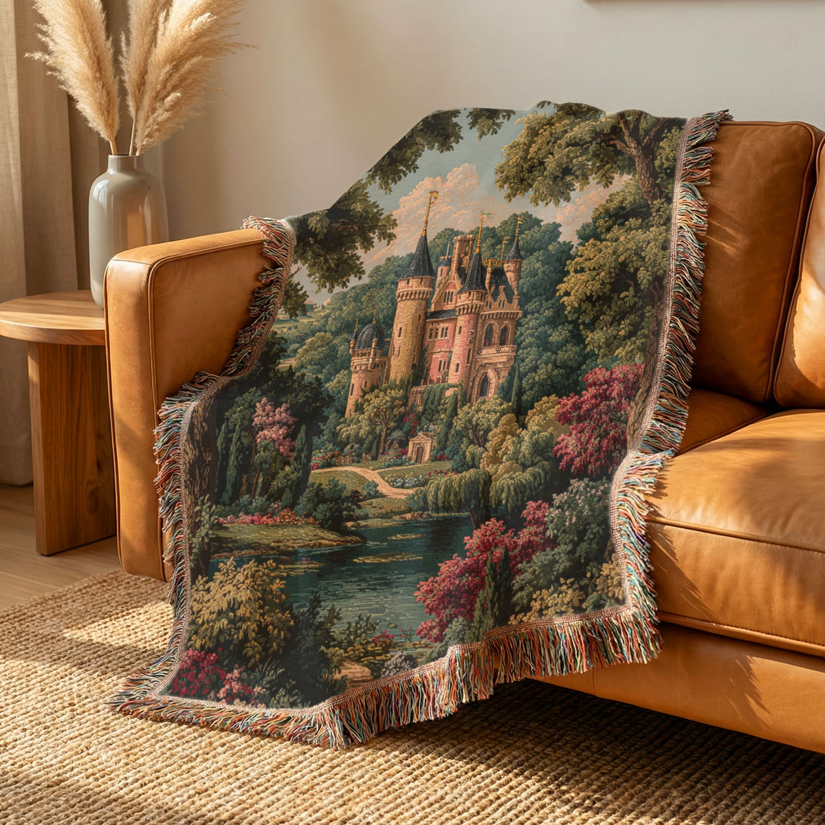 Colorful Vintage Castle and Trees Woven Blanket - PoeticWovens