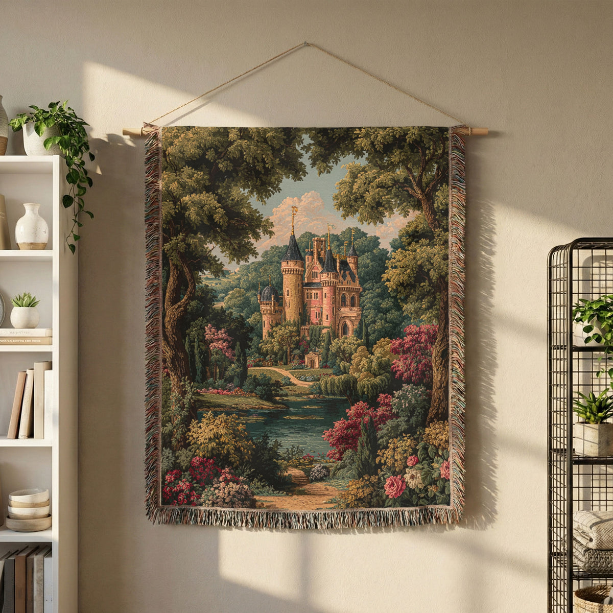 Colorful Vintage Castle and Trees Woven Blanket - PoeticWovens