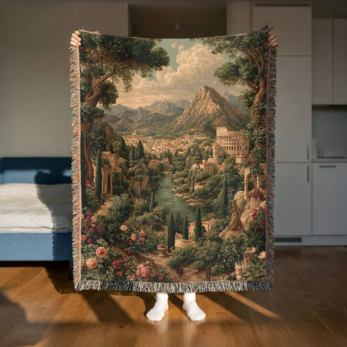 Abstract Mountains and River Landscape Woven Blanket - PoeticWovens