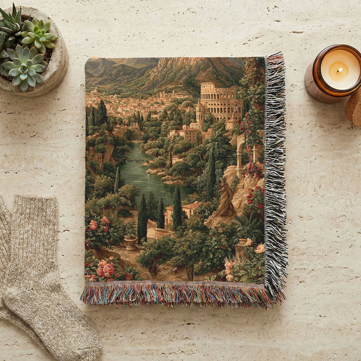 Abstract Mountains and River Landscape Woven Blanket - PoeticWovens