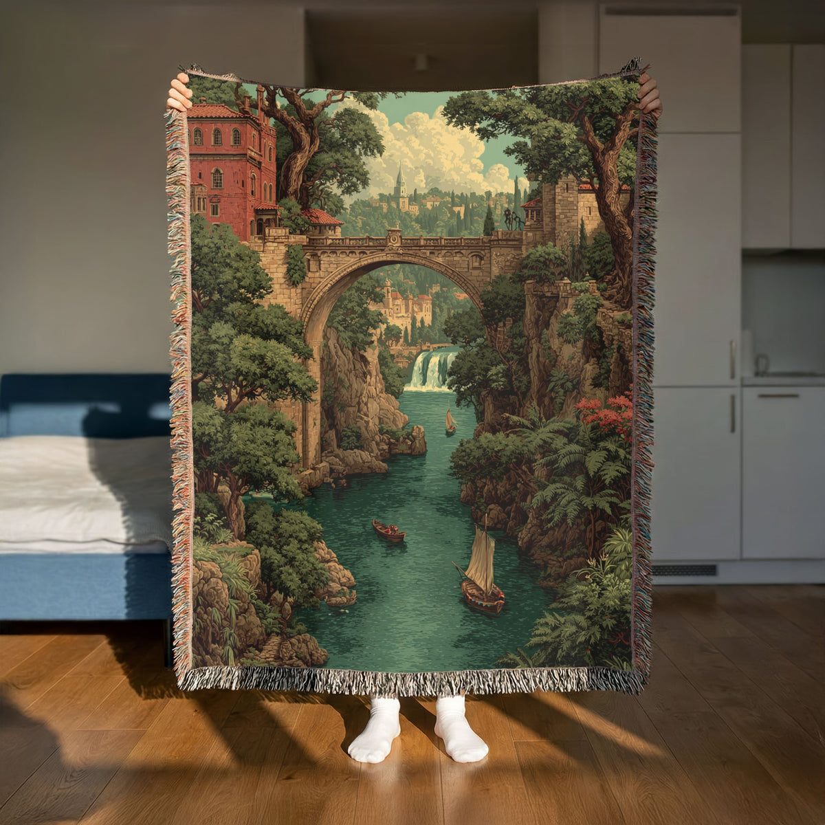 Vintage River View Landscape Woven Blanket - PoeticWovens