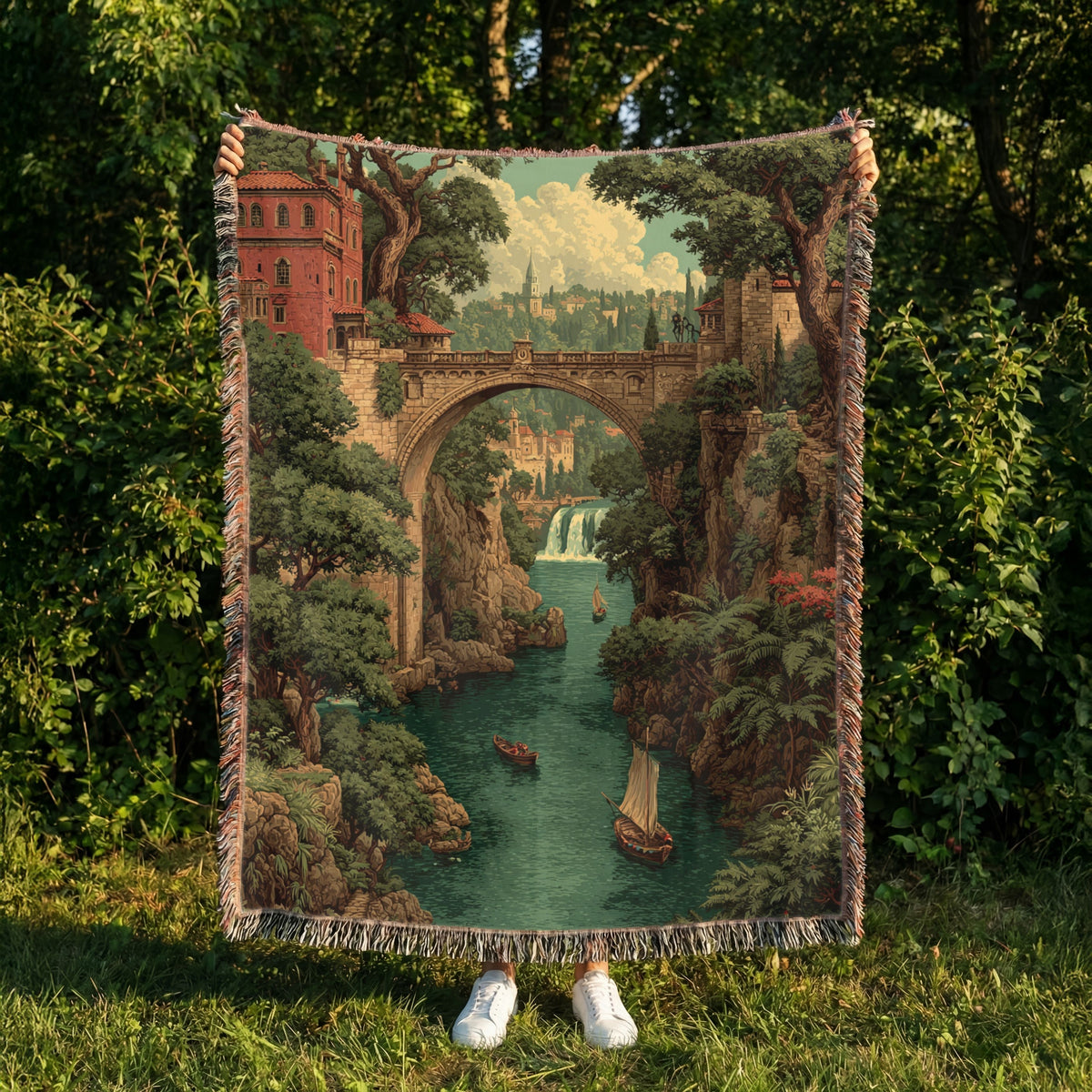 Vintage River View Landscape Woven Blanket - PoeticWovens