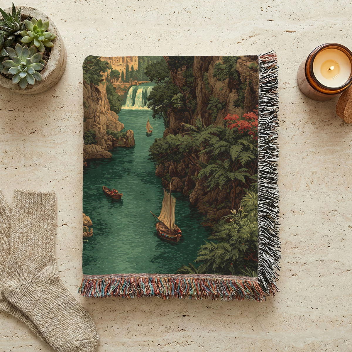 Vintage River View Landscape Woven Blanket - PoeticWovens