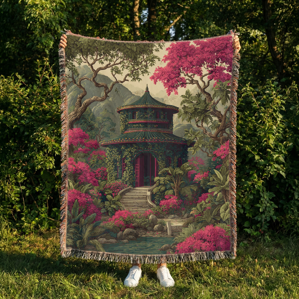 Japanese Garden Pagoda Colorful Woven Blanket - PoeticWovens