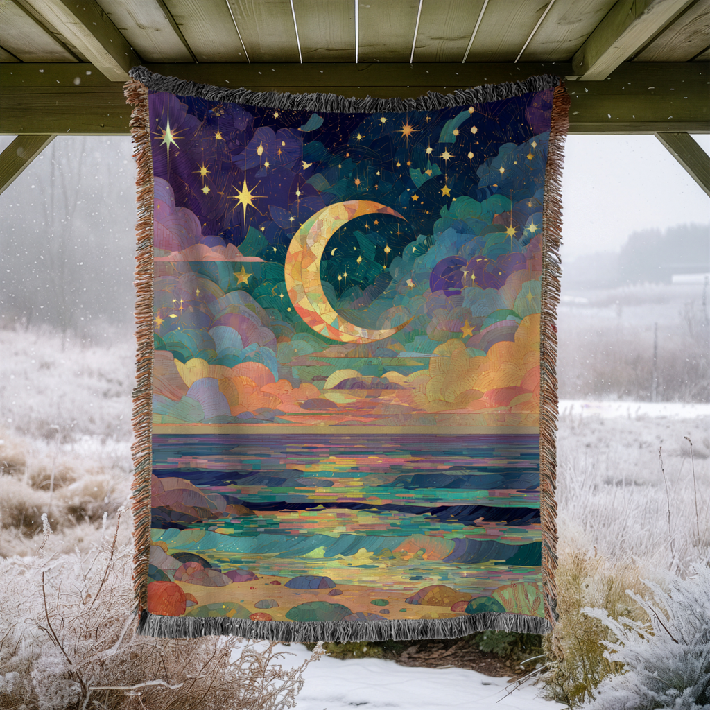 Abstract Beach Celestial Moon and Stars Woven Blanket - PoeticWovens