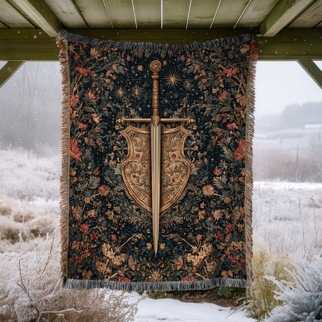 Medieval Sword Floral Background Woven Blanket - PoeticWovens