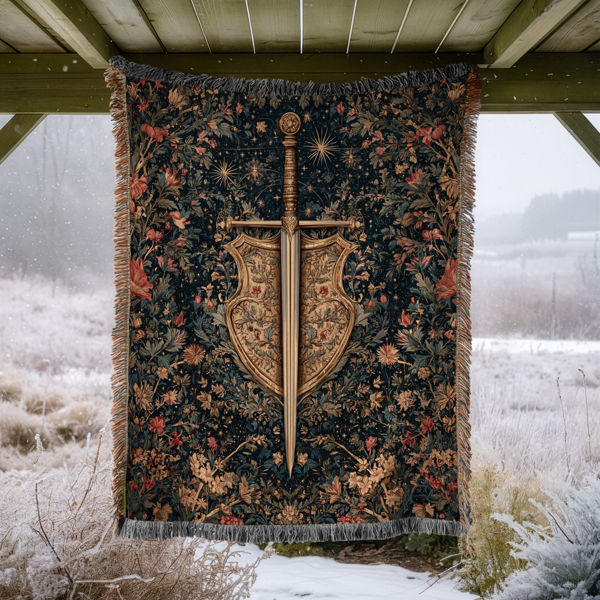 Medieval Sword Floral Background Woven Blanket - PoeticWovens