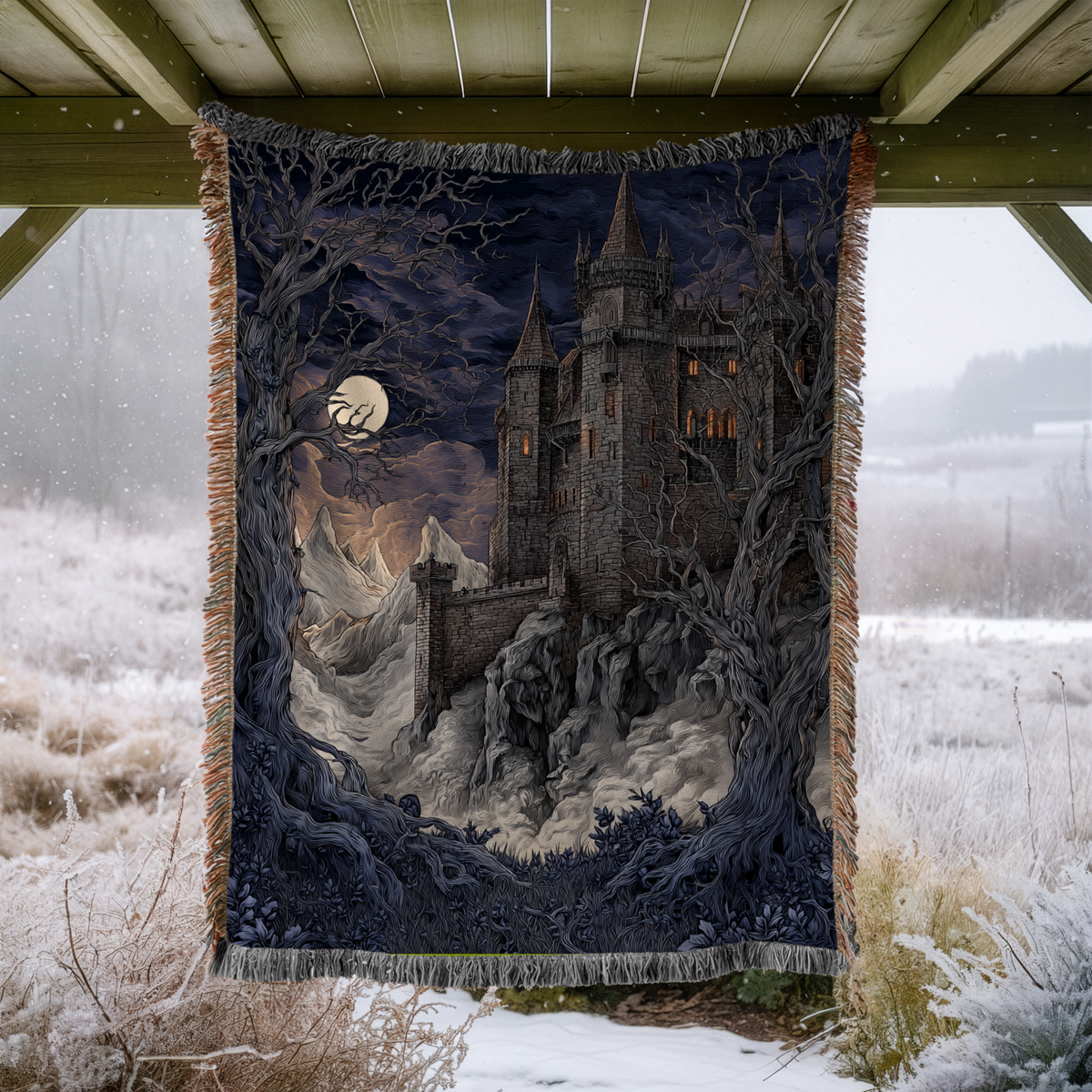 Victorian Moonlit Night Castle Woven Blanket - PoeticWovens