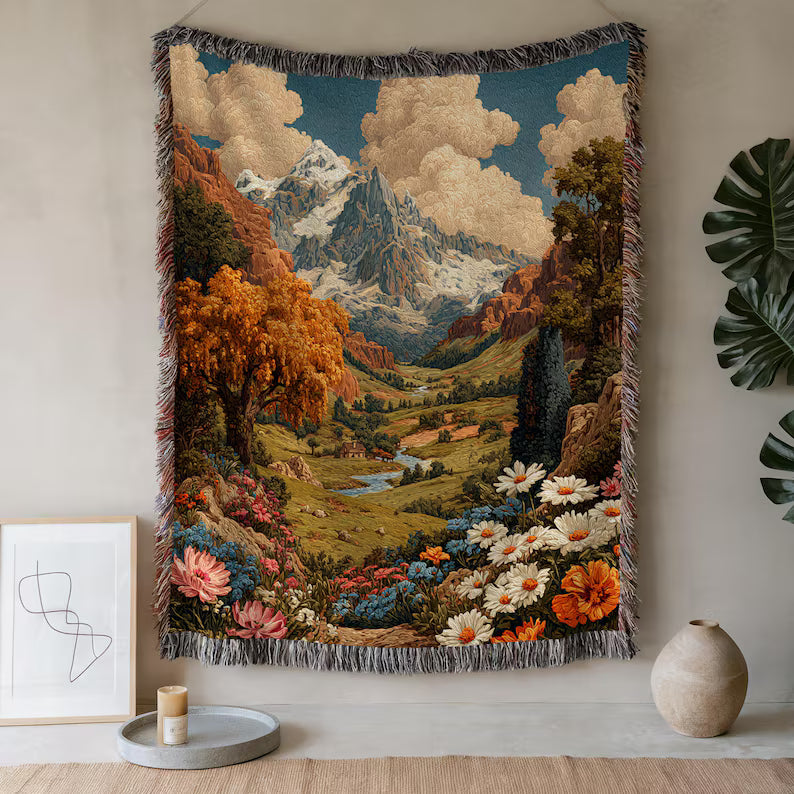 Vintage Landscape Colorful Natural Scene Woven Blanket - PoeticWovens