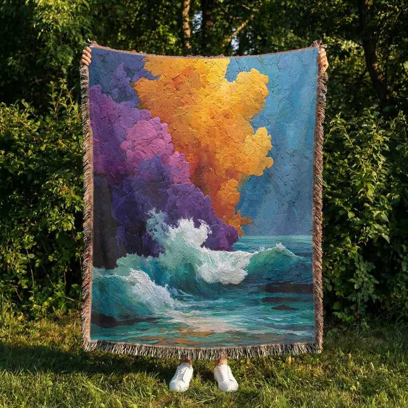 Abstract Ocean Waves Colorful Woven Blanket - PoeticWovens