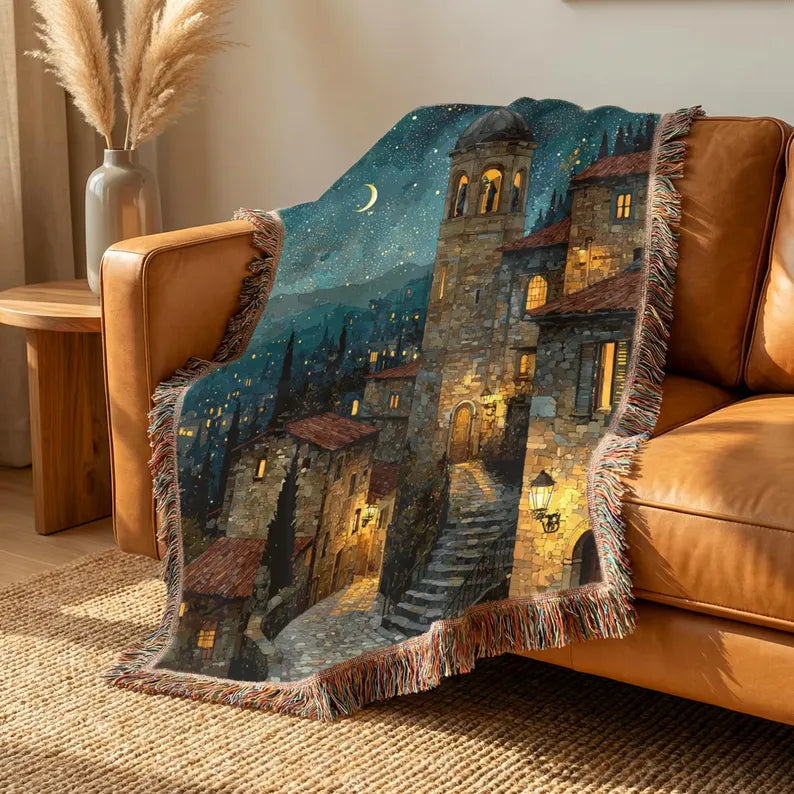 Starry Blue Night Sky Village Woven Blanket - PoeticWovens