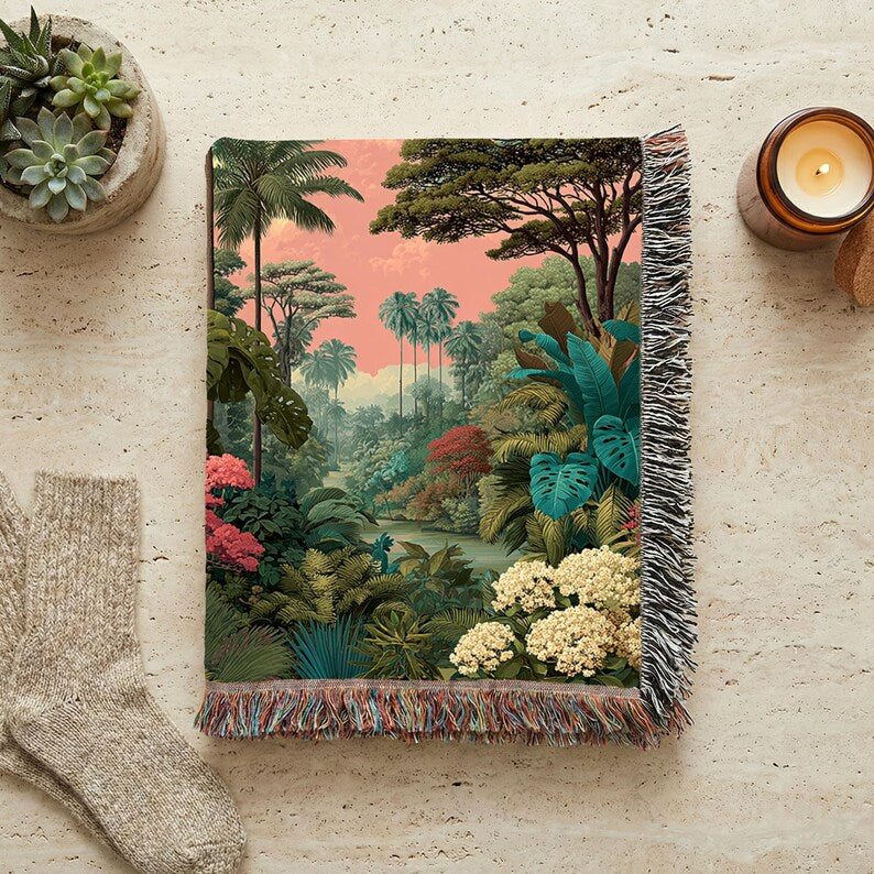 Tropical Floral Landscape Woven Blanket - PoeticWovens
