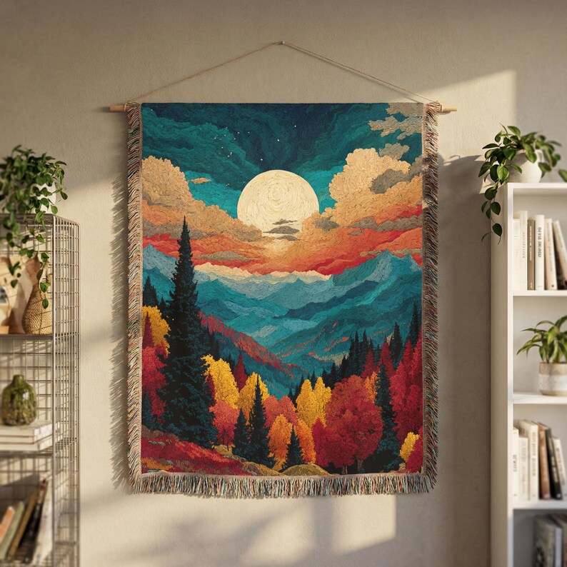 Moonlit Mountain Colorful View - PoeticWovens