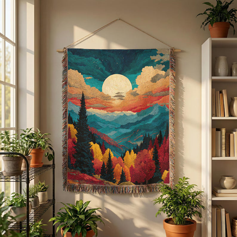 Moonlit Mountain Colorful View - PoeticWovens