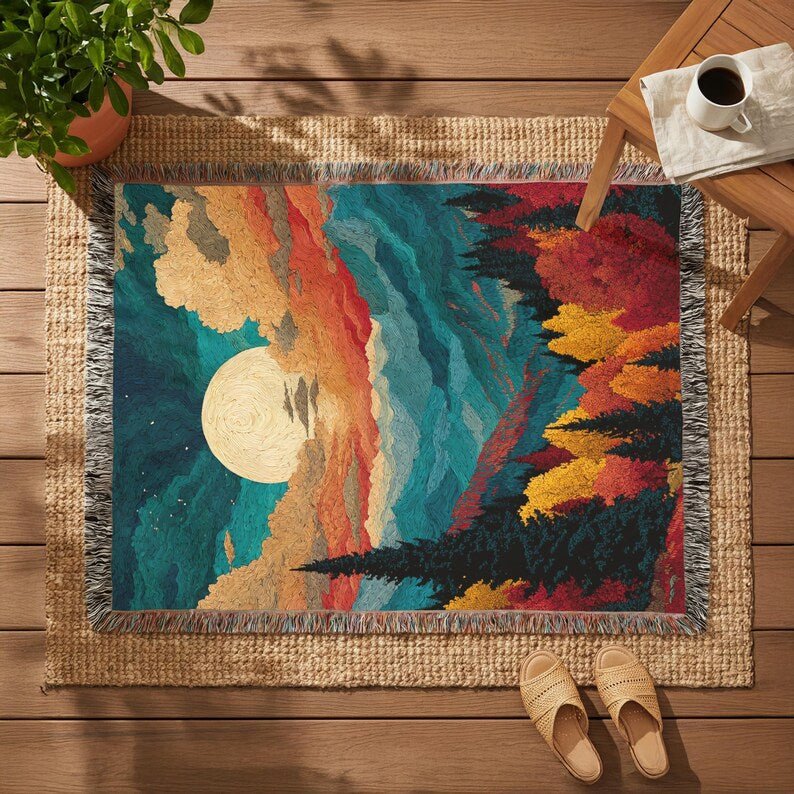 Moonlit Mountain Colorful View - PoeticWovens