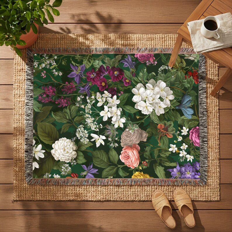 Vintage Colorful Floral Woven Blanket - PoeticWovens