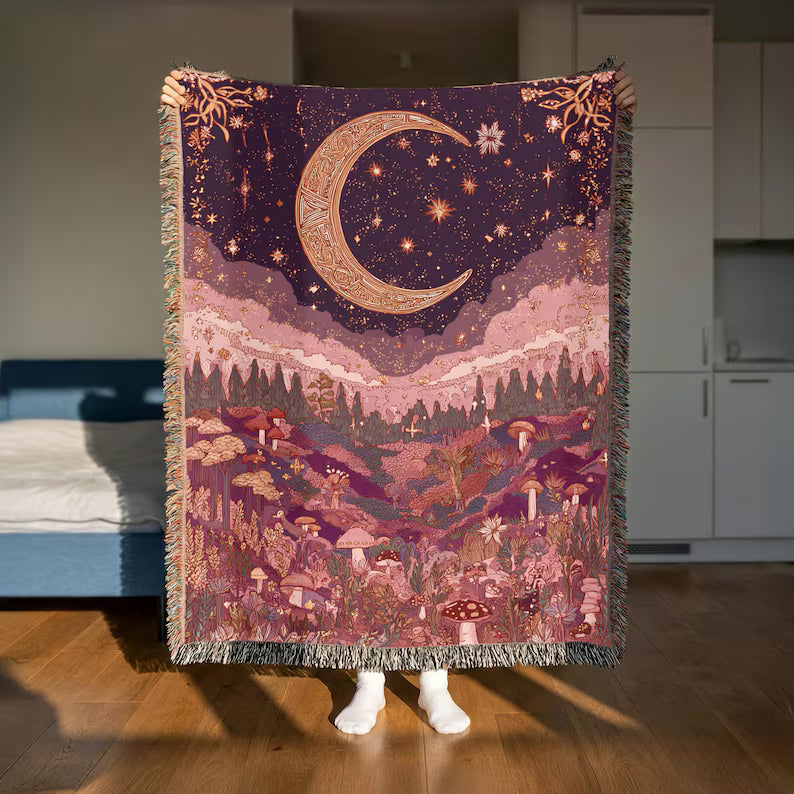 Pink Celestial Woven Blanket, Crescent Moon Living Room Woven Tapestry, girls room wall art apartment or living room wall decor - woven tapestry pink wall art
