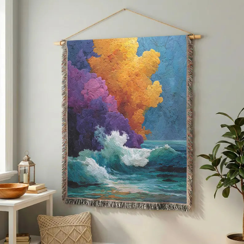 Abstract Ocean Waves Colorful Woven Blanket - PoeticWovens