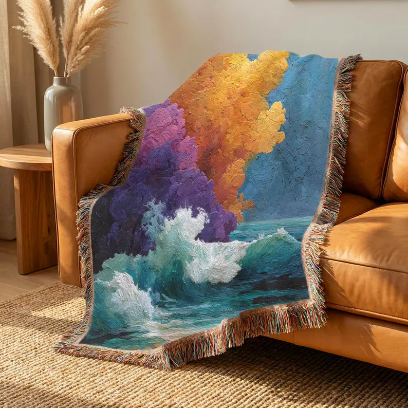 Abstract Ocean Waves Colorful Woven Blanket - PoeticWovens