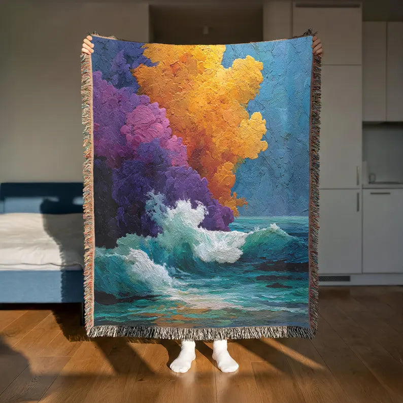 Abstract Ocean Waves Colorful Woven Blanket - PoeticWovens