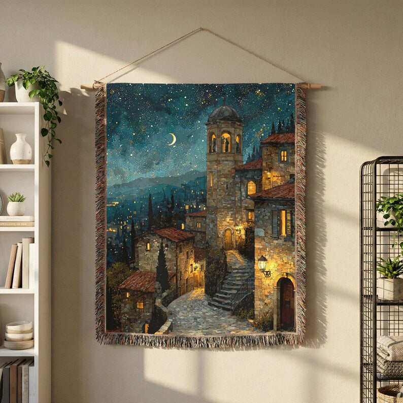 Starry Blue Night Sky Village Woven Blanket - PoeticWovens