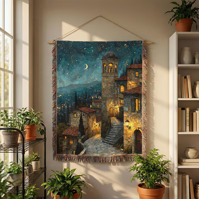 Starry Blue Night Sky Village Woven Blanket - PoeticWovens