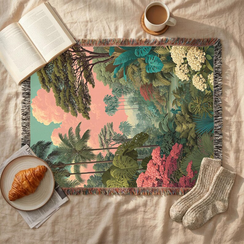 Tropical Floral Landscape Woven Blanket - PoeticWovens