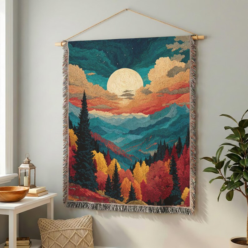 Moonlit Mountain Colorful View - PoeticWovens