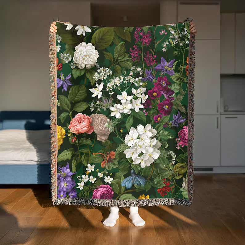 Vintage Colorful Floral Woven Blanket - PoeticWovens